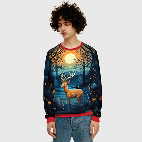 Мужской свитшот Олень в ночном лесу фолк-арт / 3D-Красный – фото 3