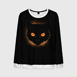 Свитшот мужской Портрет черного кота в оранжевом свечении, цвет: 3D-белый