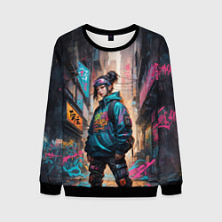 Свитшот мужской Японская девушка в худи, цвет: 3D-черный