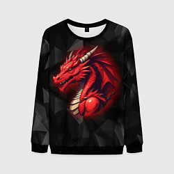 Мужской свитшот Красный дракон на полигональном черном фоне