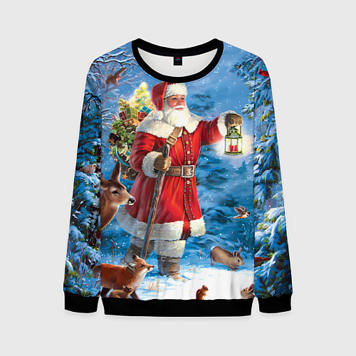 Мужской свитшот Дед Мороз в лесу с животными / 3D-Черный – фото 1