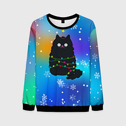 Свитшот мужской Новогодний котик и снежинки, цвет: 3D-черный