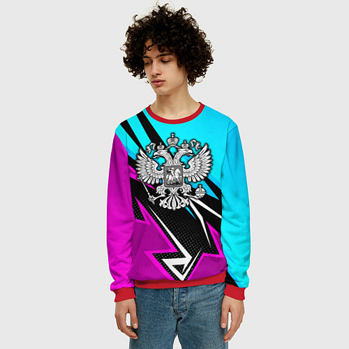Мужской свитшот Герб рф - неоновый / 3D-Красный – фото 3