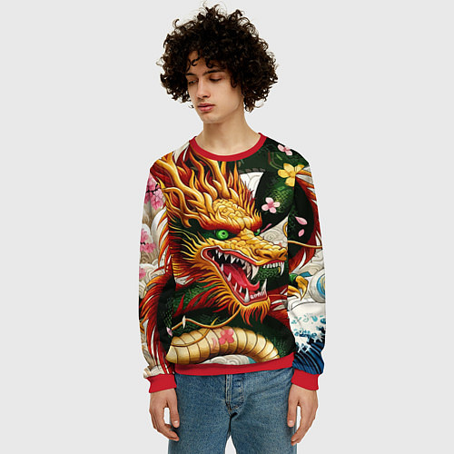 Мужской свитшот Морда японского дракона - ирезуми / 3D-Красный – фото 3