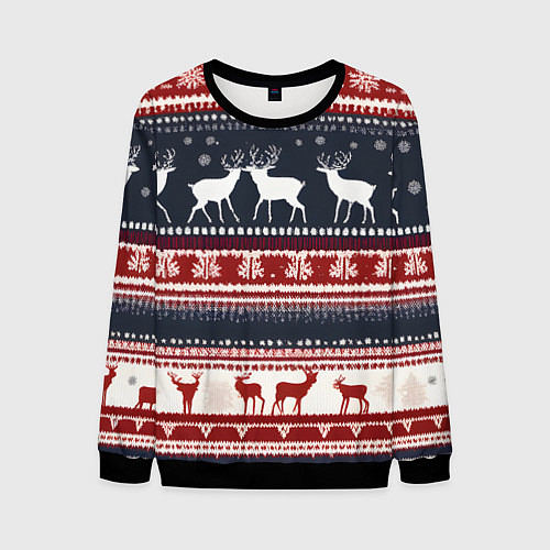 Мужской свитшот Олени белые и красные свитер новогодний / 3D-Черный – фото 1