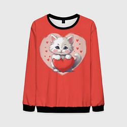 Мужской свитшот Мультяшный котенок держит красное сердечко