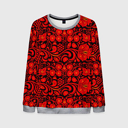 Свитшот мужской Хохломская роспись красные цветы и ягоды на чёрном, цвет: 3D-меланж