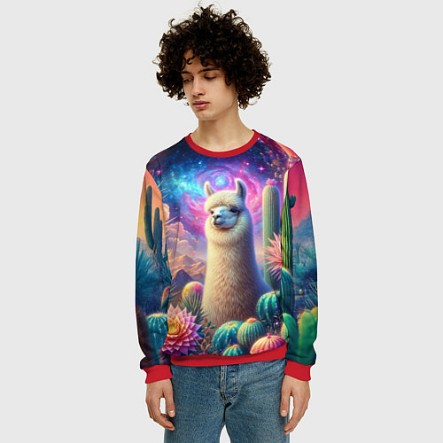 Мужской свитшот Альпака в кактусах и портал / 3D-Красный – фото 3