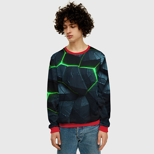 Мужской свитшот Abstract dark green geometry style / 3D-Красный – фото 3