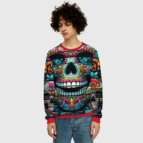 Мужской свитшот Cool skull - graffiti ai art / 3D-Красный – фото 3