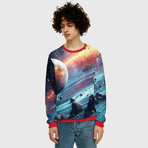 Мужской свитшот Объемный космос и планеты / 3D-Красный – фото 3