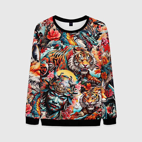 Мужской свитшот Японская татуировка дракона тигра и самурая / 3D-Черный – фото 1