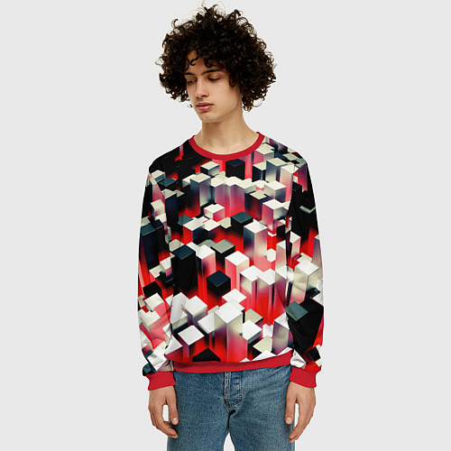 Мужской свитшот Черно-белые блоки в красном тумане / 3D-Красный – фото 3