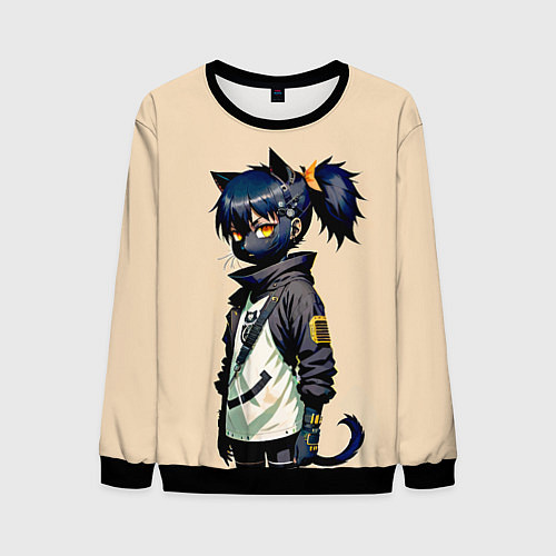 Мужской свитшот Прикольная чёрная кошечка - нейросеть / 3D-Черный – фото 1