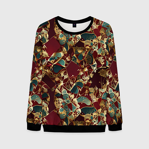 Мужской свитшот Витражный узор на рубиновом фоне / 3D-Черный – фото 1
