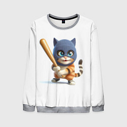 Мужской свитшот Прикольный котёнок с бейсбольной битой и в балакла
