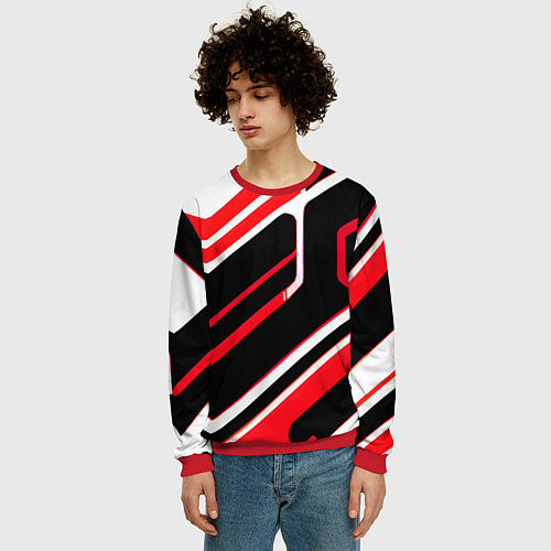 Мужской свитшот Бело-красные линии на чёрном фоне / 3D-Красный – фото 3
