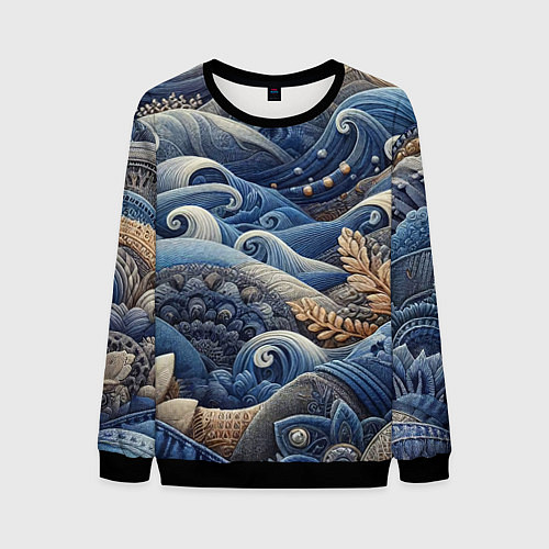 Мужской свитшот Джинсовые волны - нейросеть / 3D-Черный – фото 1