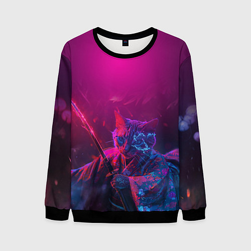 Мужской свитшот Кот самурай с катаной киберпанк / 3D-Черный – фото 1