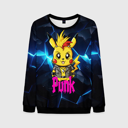 Мужской свитшот Пикачу панк на фоне синего разлома / 3D-Черный – фото 1