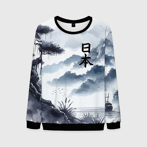 Мужской свитшот Японский пейзаж - нейросеть / 3D-Черный – фото 1