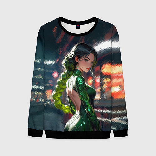 Мужской свитшот Девушка-андроид с зелёной косой / 3D-Черный – фото 1