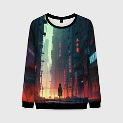 Свитшот мужской Девушка на задворках в мире киберпанка, цвет: 3D-черный