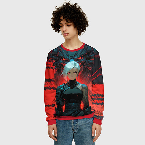 Мужской свитшот Бойцовая красноглазая девушка / 3D-Красный – фото 3