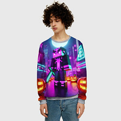 Свитшот мужской Чувак с мечом в неоновом городе - Майнкрафт, цвет: 3D-меланж — фото 2