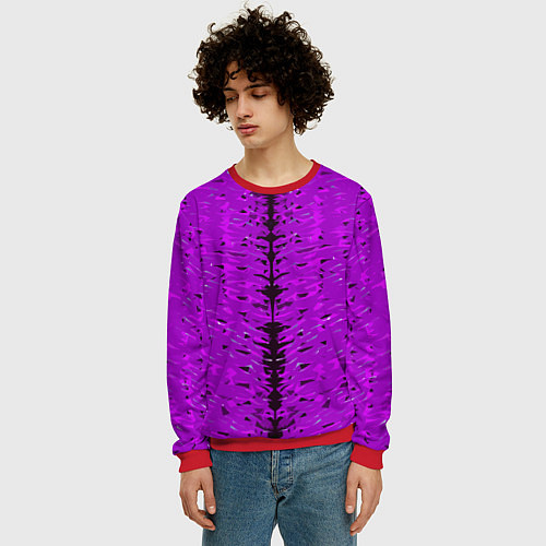 Мужской свитшот Чёрная вертикальная полоса на фиолетовом фоне / 3D-Красный – фото 3