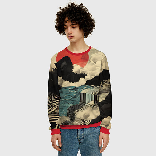 Мужской свитшот Ретро пейзаж в Японском стиле / 3D-Красный – фото 3