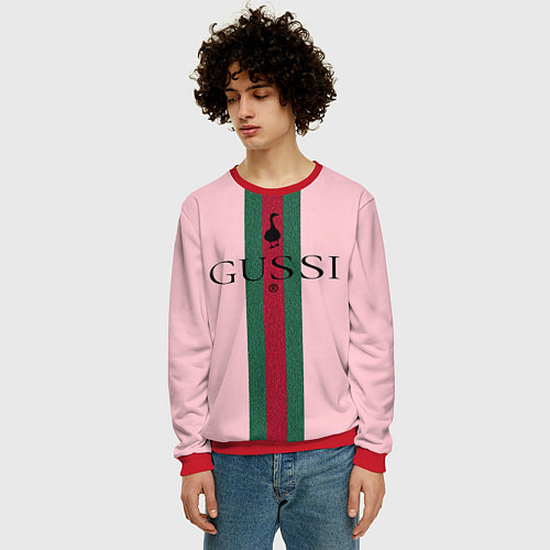 Мужской свитшот Гусси - зелено-красная полоса на розовом фоне / 3D-Красный – фото 3