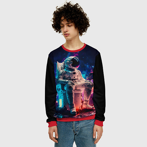 Мужской свитшот Космонавт на чиле в сверкающем космосе / 3D-Красный – фото 3