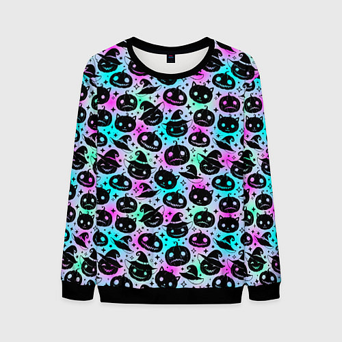 Мужской свитшот Halloween - тыквы на неоновом фоне / 3D-Черный – фото 1