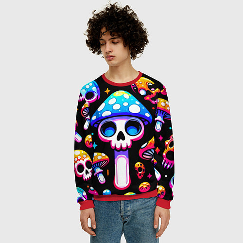 Мужской свитшот Ice cream skull and fly agaric - ai art fantasy / 3D-Красный – фото 3