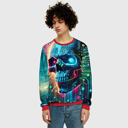 Мужской свитшот Cool cyber skull - neon glow / 3D-Красный – фото 3