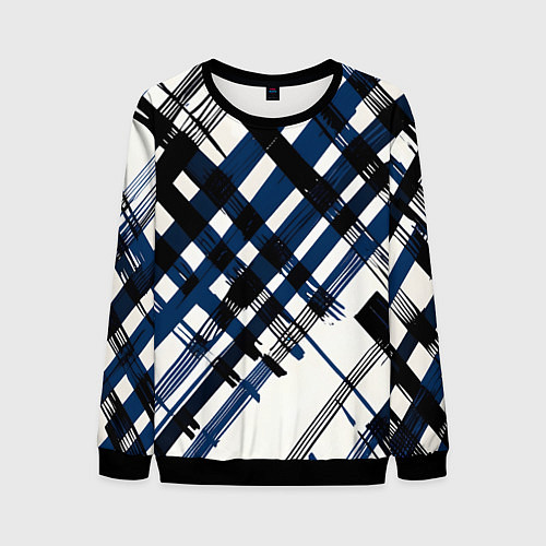 Мужской свитшот Косая клетка бело-синяя / 3D-Черный – фото 1