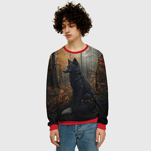Мужской свитшот Черный лис в осеннем лесу / 3D-Красный – фото 3
