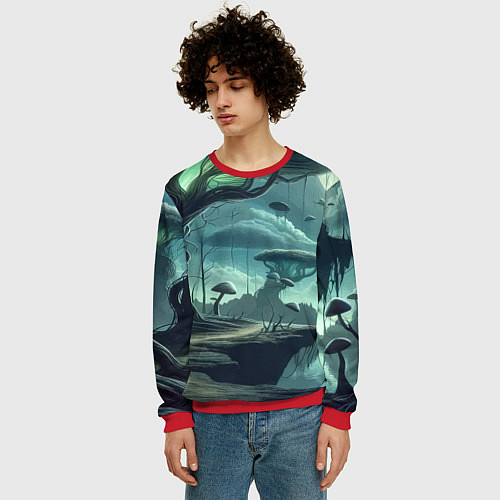 Мужской свитшот Сказочный грибной лес на похожей планете - фантази / 3D-Красный – фото 3