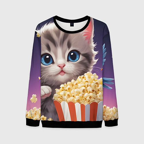 Мужской свитшот Котенок и поп-корн / 3D-Черный – фото 1