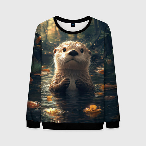 Мужской свитшот Выдра в летнем пруду / 3D-Черный – фото 1