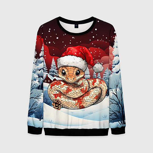 Мужской свитшот Новогодняя змейка и снегопад / 3D-Черный – фото 1