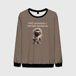 Мужской свитшот Ленивец с кружкой кофе: утро началось с третьей по