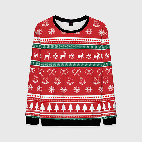 Мужской свитшот Новогодний паттерн с оленями снежинками леденцами / 3D-Черный – фото 1