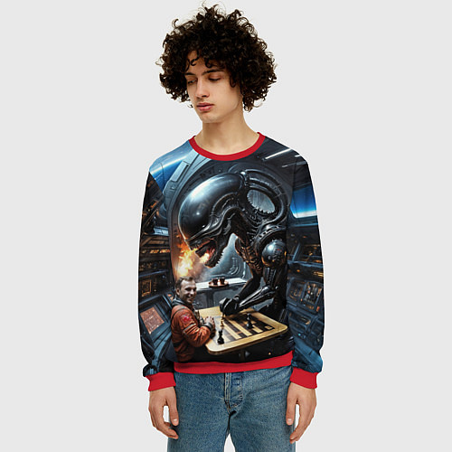 Мужской свитшот Шахматы: Гагарин vs Чужой / 3D-Красный – фото 3