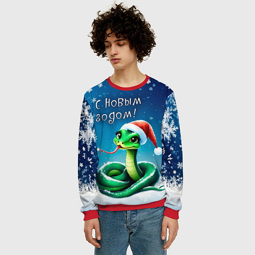 Мужской свитшот Символ 2025 года: зеленая змея в красной шапочке / 3D-Красный – фото 3