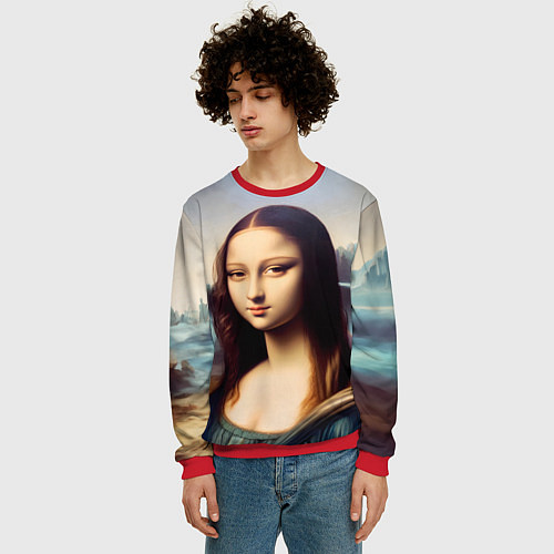 Мужской свитшот Нейросеть- азиатская Мона Лиза / 3D-Красный – фото 3
