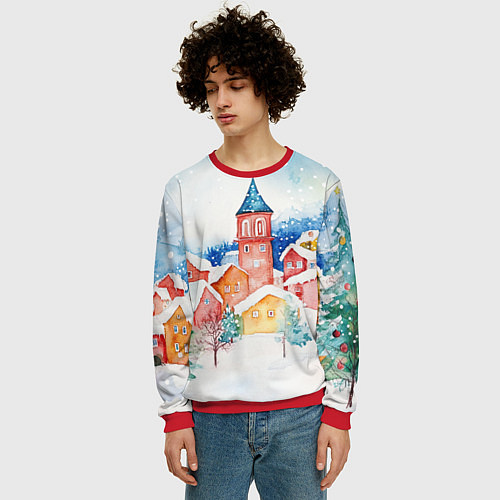 Мужской свитшот Новогодний сказочный город / 3D-Красный – фото 3