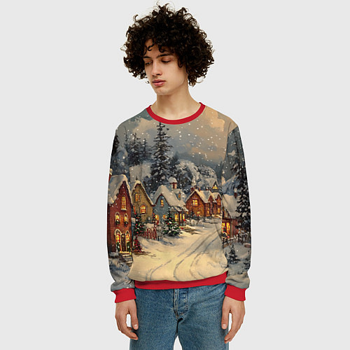 Мужской свитшот Новогодние зимние домики / 3D-Красный – фото 3