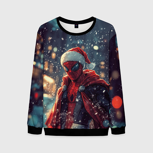 Мужской свитшот Человек-паук в шапке Санты / 3D-Черный – фото 1